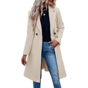 Womens Beige Pea Notched Lapel Double Breasted Business Casual Trench Coats
